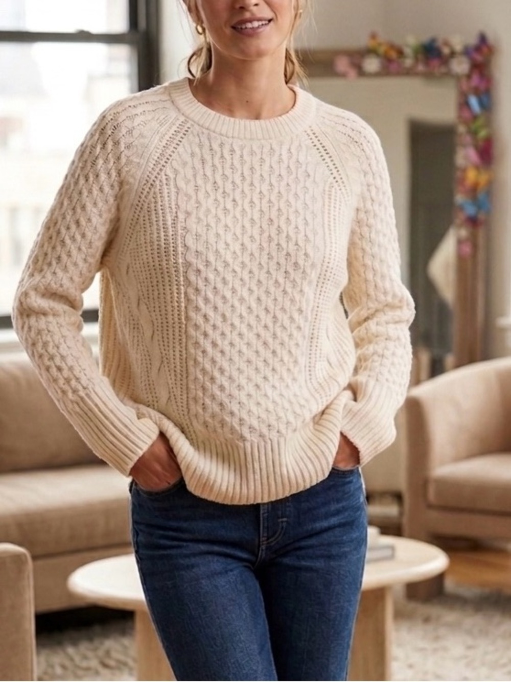 Express Cream Cable Knit Oversized Sweater sz XS